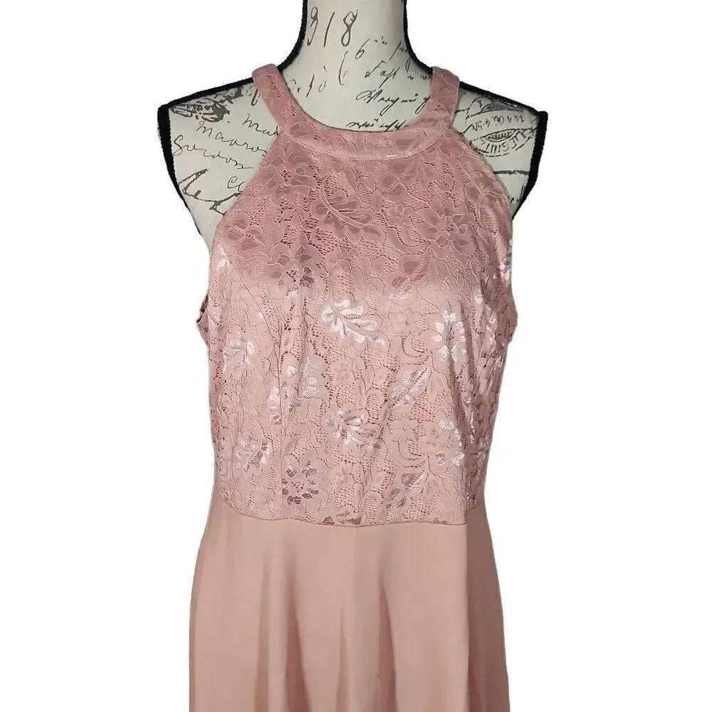 CBbonlinedress Women Size XL Pink High Low Halter Cocktail A-line Lace Dress